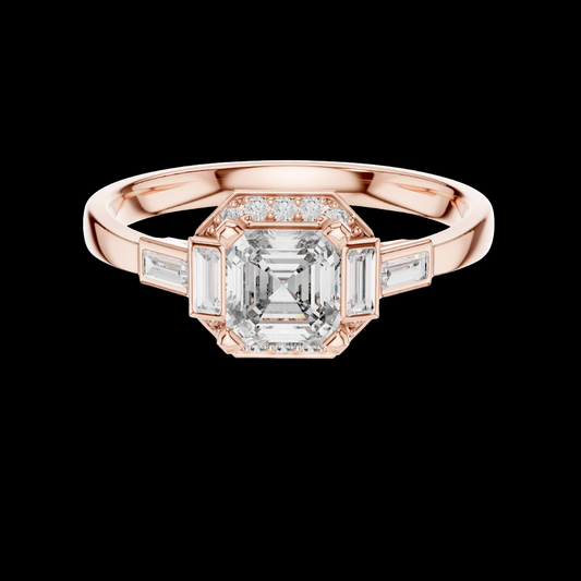 Rose gold ring with a large diamond and smaller diamonds on a black background