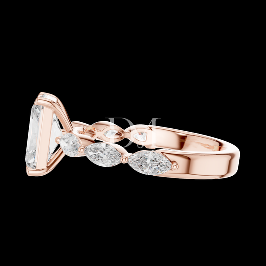 2.00 CT Radiant Cut Lab Grown Diamond Ring with Marquise Side Stones in Rose Gold