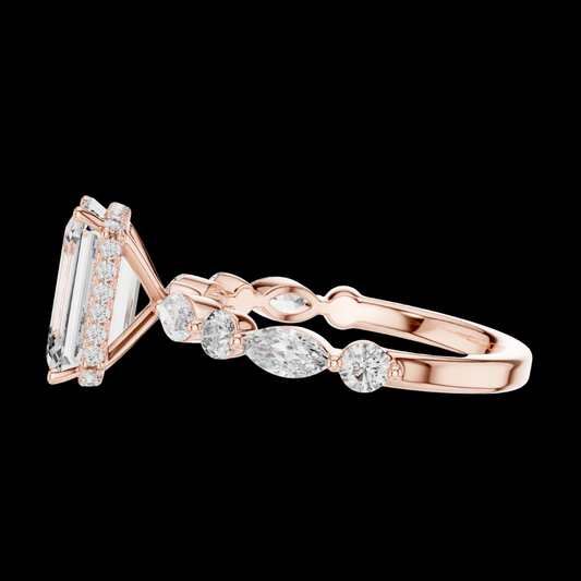 3.00 CT Emerald Cut Lab Grown Diamond Rose Gold Marquise Side Stone Engagement Ring