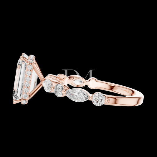 3.00 CT Emerald Cut Lab Grown Diamond Rose Gold Marquise Side Stone Engagement Ring