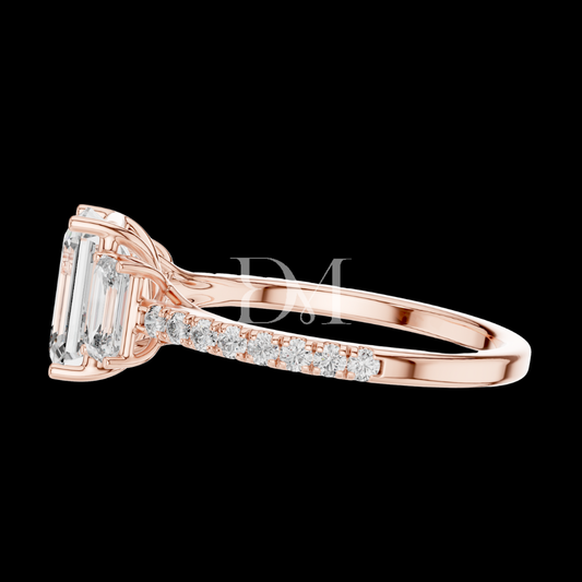 1.75 CT Three Stone Emerald Cut Lab Grown Diamond Ring in Rose Gold